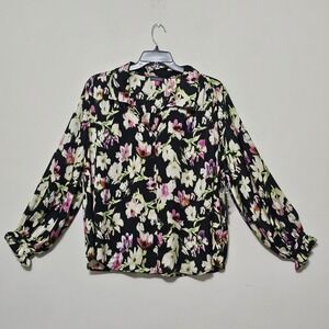 Vince Camuto Top Blouse Rich Black Pink Long Sleeves Front Button Collar New 736